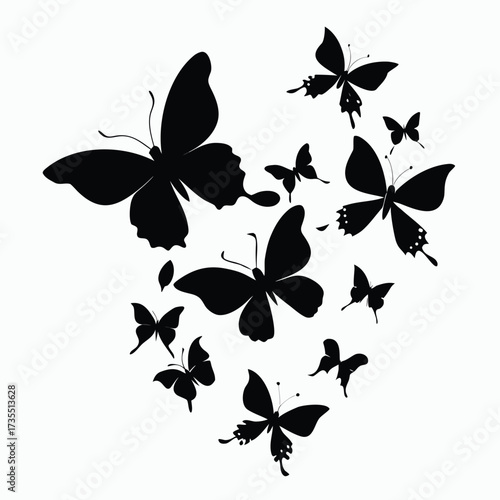 Flock of Black Butterflies Silhouettes flying swarm
