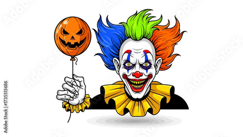 The Spooky Clown: A Colorful clown with eerie make-up, clutches a Jack-o'-lantern balloon, embodying the spirit of Halloween with a touch of playful horror.