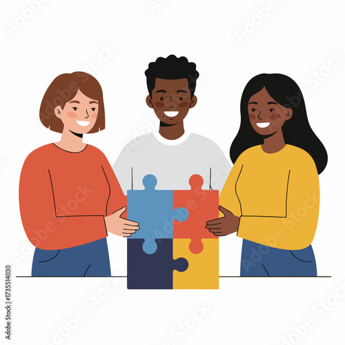 Flat Illustration Diverse Team Assembling Puzzle Pieces Teamwork Concept