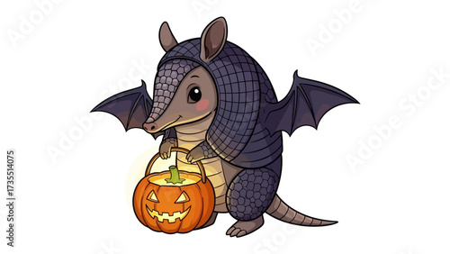 Halloween Armadillo's Night: A cute armadillo, dressed in a bat costume, happily holds a carved pumpkin lantern. Evoking the joyful spirit of a playful Halloween.