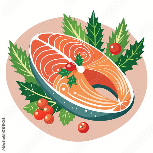 Salmon Steak with Holly and Berry Garnish on Pink Circle