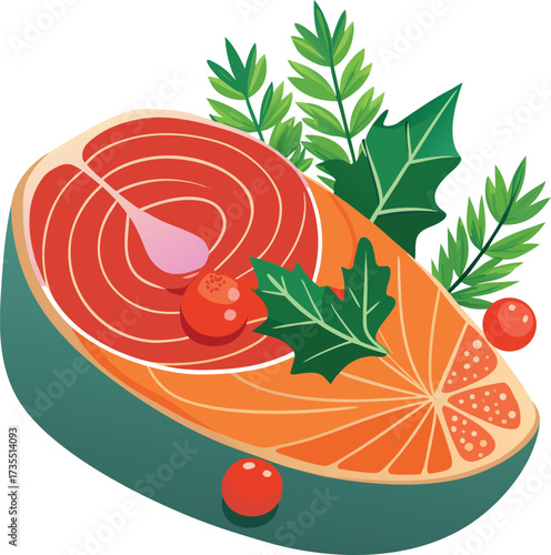 Salmon Steak with Holly and Cherry Garnish fish seafood