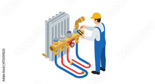 Engineer adjusting heating system with valves and pipes in isometric style