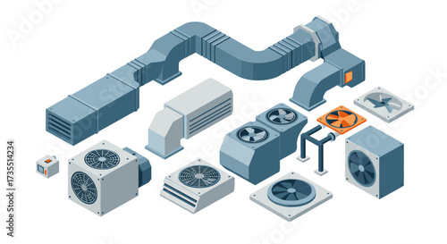 Isometric hvac components air conditioning and ventilation system elements