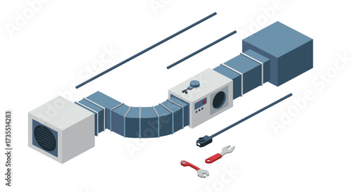 Isometric hvac ventilation system with tools for repair and maintenance