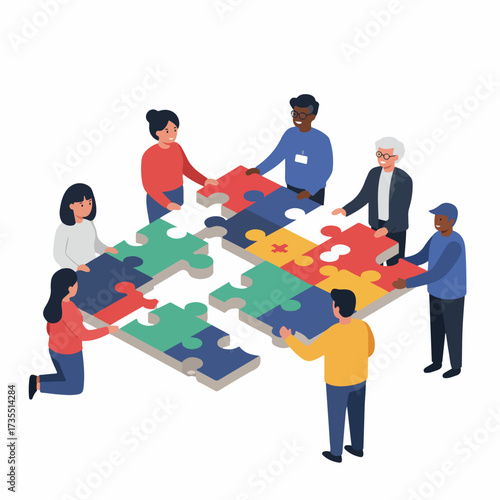 Flat Style Diverse Group of People Assembling Jigsaw Puzzle Teamwork Concept