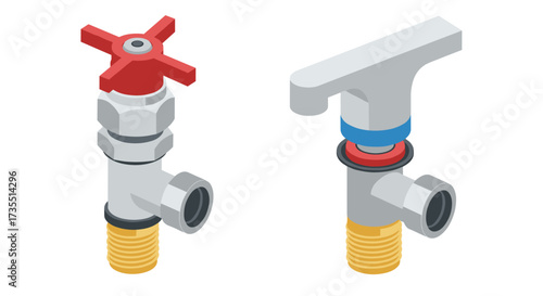 Isometric design of metal water valves with red and blue handles
