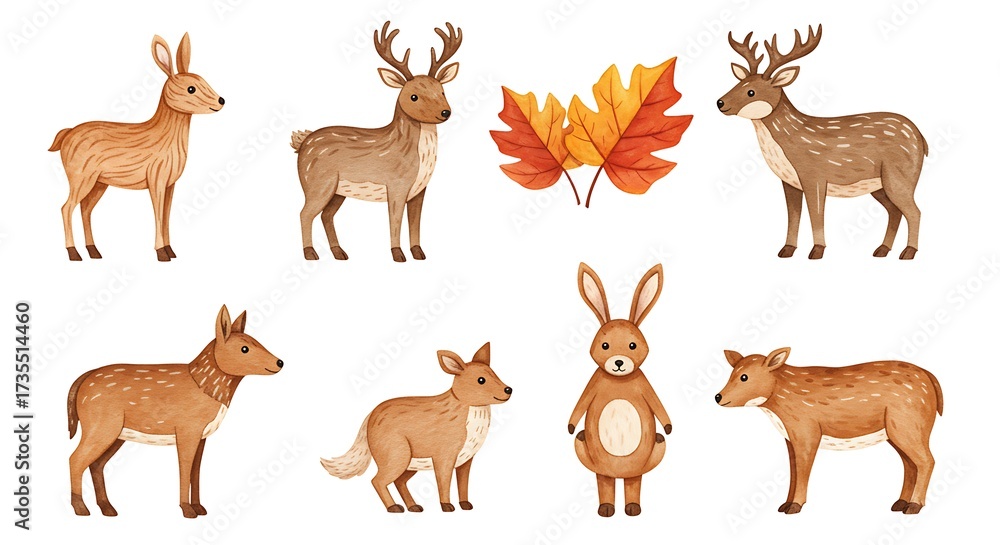 Obraz premium Watercolor deer illustration collection with autumn leaves isolated