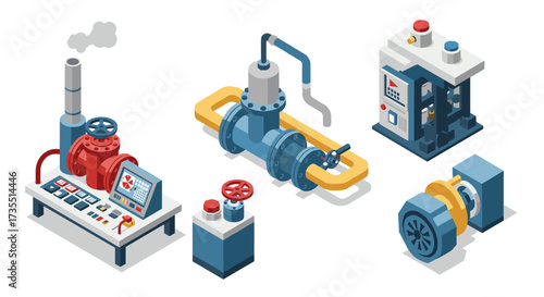 Industrial machinery isometric design with control panels and pipes