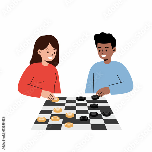 Flat Illustration Boy and Girl Playing Checkers Game Leisure Activity