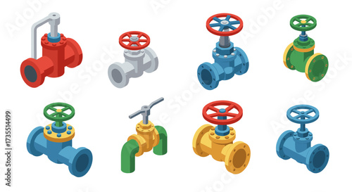 Isometric industrial valves collection with colorful design on white background