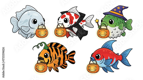 Halloween Aquatic: a collection of charming fish, all costumed for Halloween, each bearing a pumpkin-shaped treat bag, ready for aquatic fun.