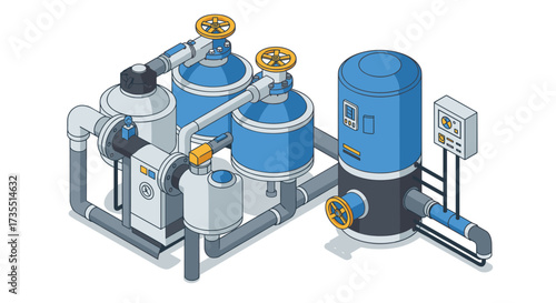 Isometric industrial water filtration system with modern equipment and pipes