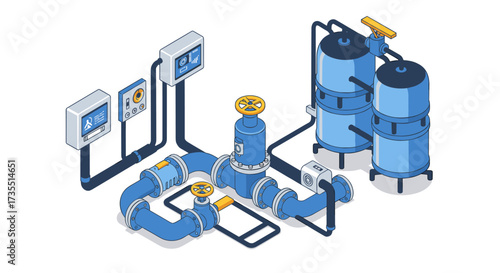 Isometric industrial water treatment system with pipes and control panels