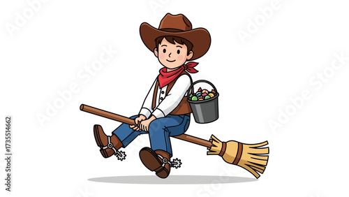 Cowboy Riding Broom: A young cowboy, complete with his hat and accessories, takes to the skies with a bucket in tow, creating a fun, imaginative illustration.