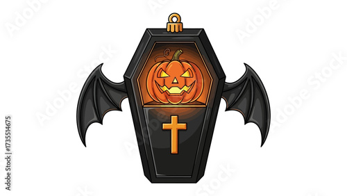 Halloween Coffin Decor: A festive and spooky illustration of a Halloween coffin decoration, featuring a glowing jack-o'-lantern and bat wings, embodying the spirit of Halloween.