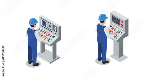 Isometric control room technicians operating industrial panels