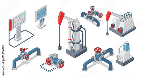 Isometric industrial oil equipment pumps, pipes, and valves for energy production
