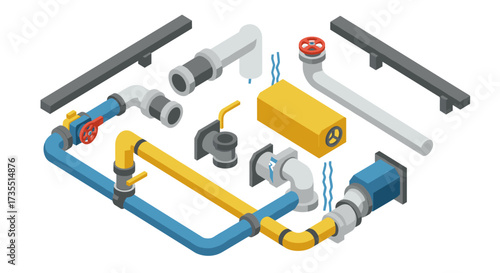Isometric industrial piping system with detailed components and connections