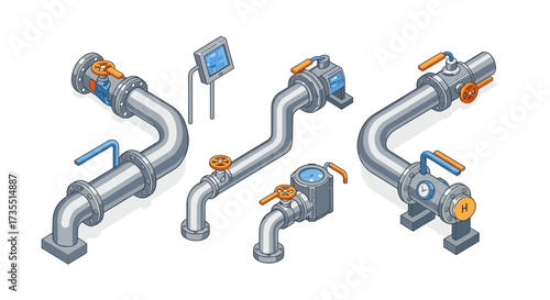 Isometric industrial pipes with valves and control system on white background