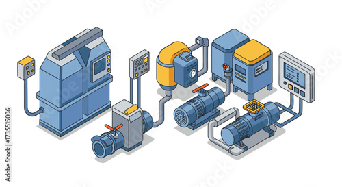 Industrial equipment isometric design with machinery and control panels