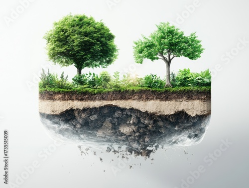 Innovative depiction of nature showing trees with vibrant foliage and lush greenery in a cross-section view of underground soil layers