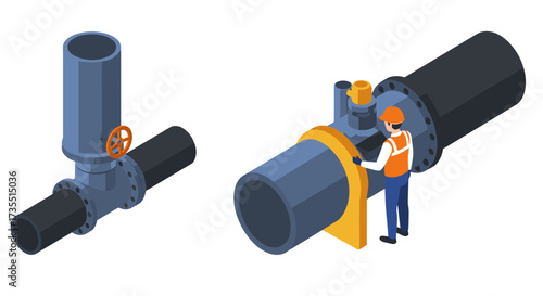 Isometric industrial pipes with worker inspecting large valve system
