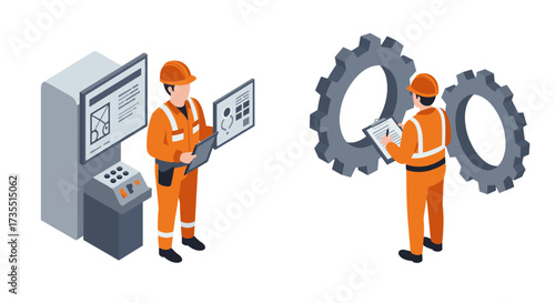 Isometric engineers collaborating with industrial machines and technology