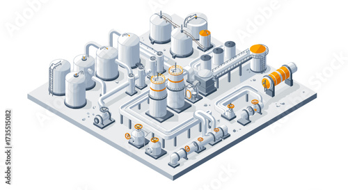 Isometric industrial oil refinery plant with pipes and tanks in 3d perspective