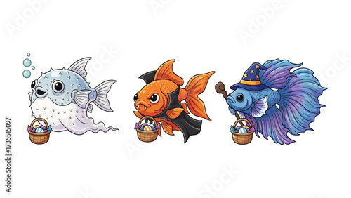 Fantastic Fish Friends: A captivating image of three unique cartoon fish, each exuding charm with their distinct personalities, playfully holding easter baskets.