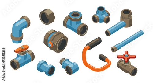 Isometric plumbing components set with pipes and fittings in blue and orange