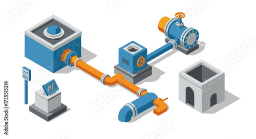 Isometric industrial pipeline system with valves and structures