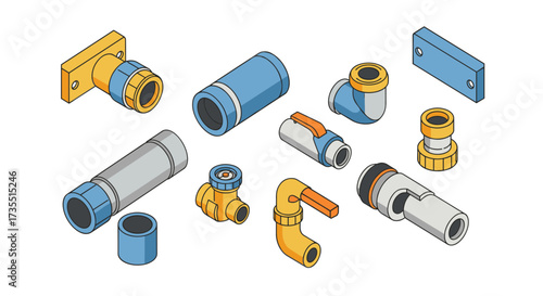 Isometric plumbing pipe collection with fittings and connectors