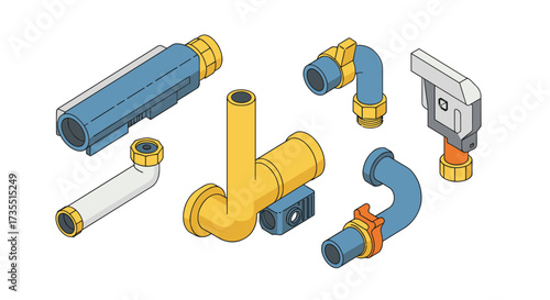 Isometric plumbing components in modern style pipes, fittings, connectors