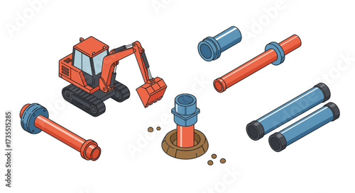 Isometric excavator with pipes and construction elements on a white background