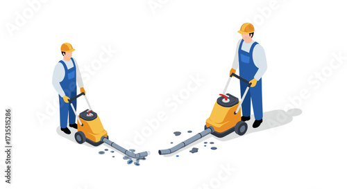 Isometric workers cleaning with floor scrubbers in uniforms