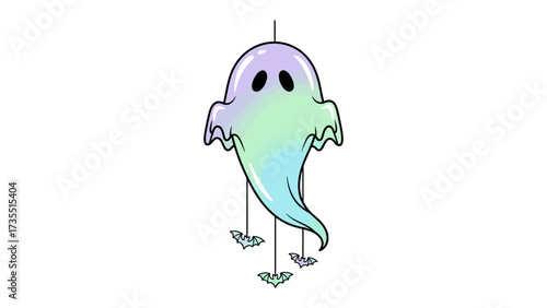 Ethereal Halloween Decoration: A charming illustration of a playful, pastel-colored ghost decoration with delicate bats hanging below, perfect for evoking a whimsical Halloween spirit.