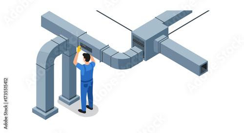Technician installing hvac system in an isometric view