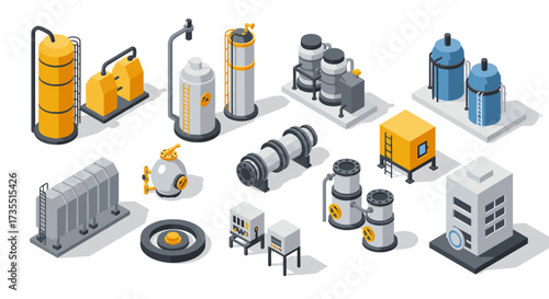 Industrial equipment isometric set with tanks and machinery in modern design