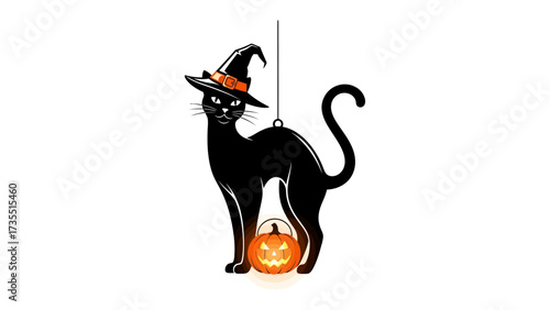Enchanting Halloween Cat with Lantern: A whimsical Halloween illustration featuring a sleek black cat wearing a witch hat, delicately suspended alongside a glowing pumpkin lantern.