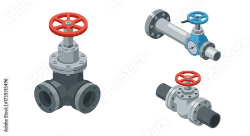 Isometric industrial pipes and valves for plumbing and engineering