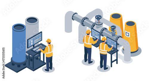 Industrial workers managing pipeline operations with advanced technology in isometric style