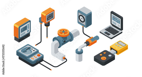 Isometric industrial control equipment with modern technology devices