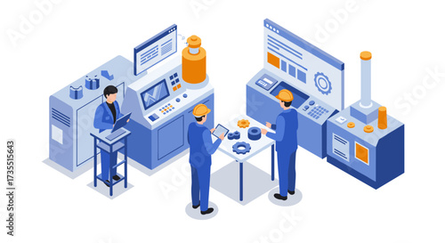 Isometric factory automation and industrial engineers using technology