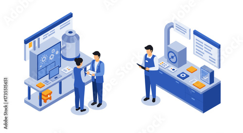 Isometric lab collaboration with professionals and equipment in modern research facility