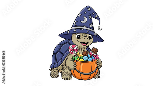 Spooky Tortoise's Halloween Adventure: A charming animated tortoise, adorned in a whimsical witch hat and carrying a jack-o'-lantern basket, is ready for trick-or-treating!