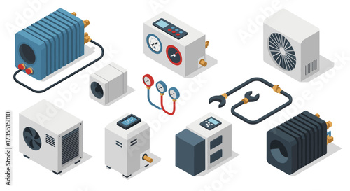 Isometric hvac equipment set featuring radiators and air conditioning units