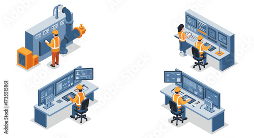 Engineers monitoring control panels in modern industrial facility