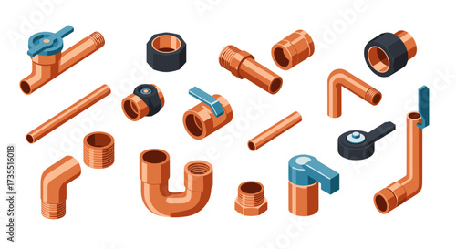 Collection of isometric copper plumbing fittings and valves