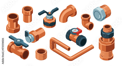 Isometric plumbing components copper fittings and valves design elements
